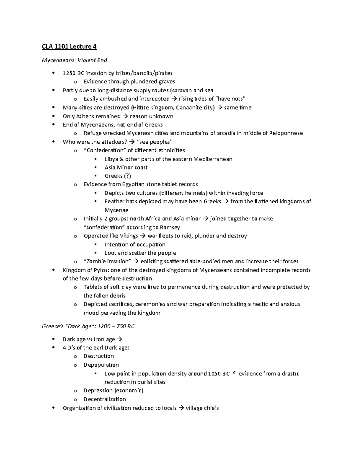 CLA 1101 Lecture 4 Notes CLA 1101 Lecture 4 Mycenaeans’ Violent End