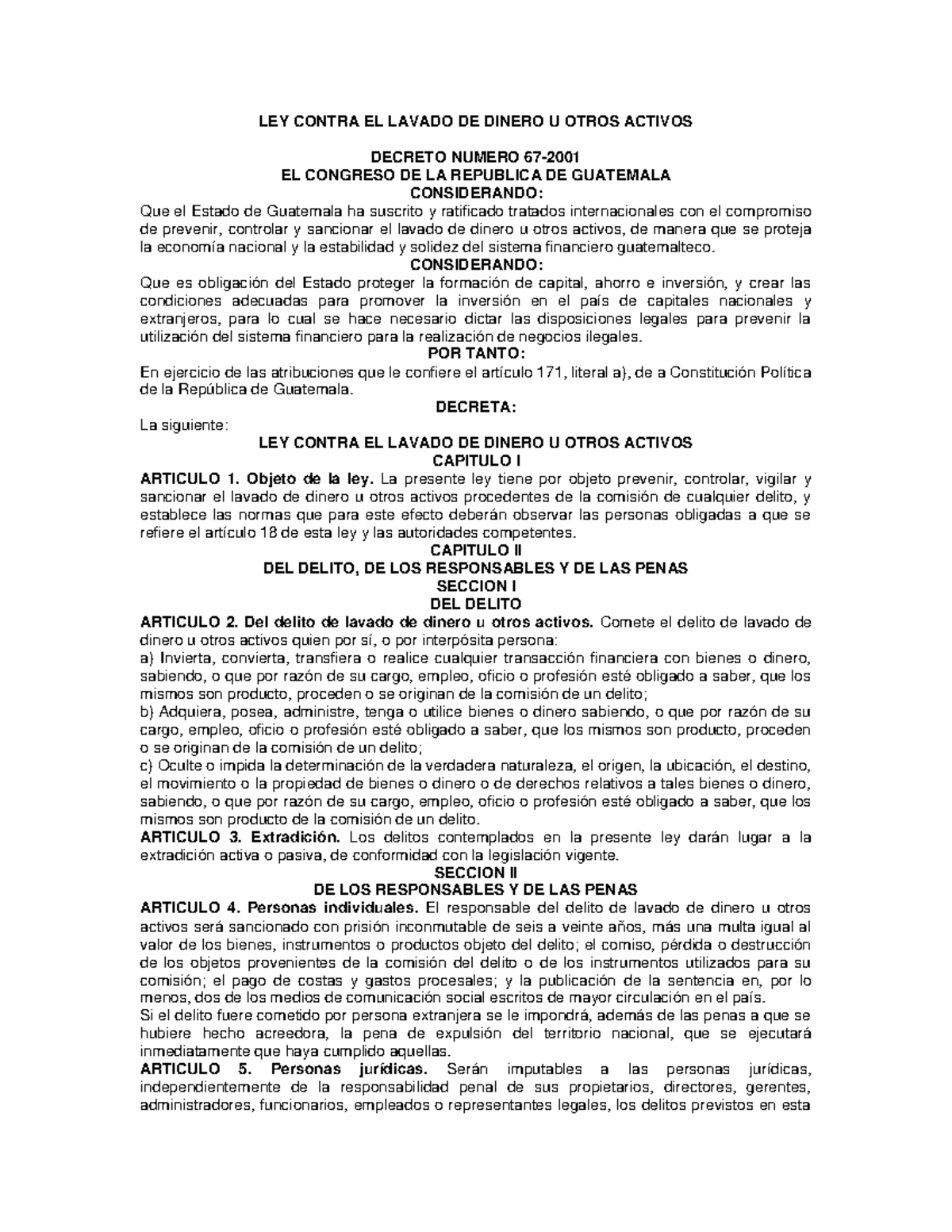 LEY DE Lavado DE Dinero U Otros Activos - LEY CONTRA EL LAVADO DE ...