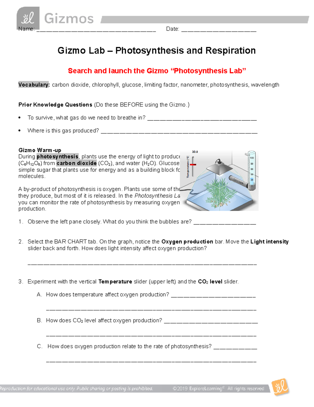 Gizmo Lab Photosynthesis and Respiration Name ______________________________________ Date