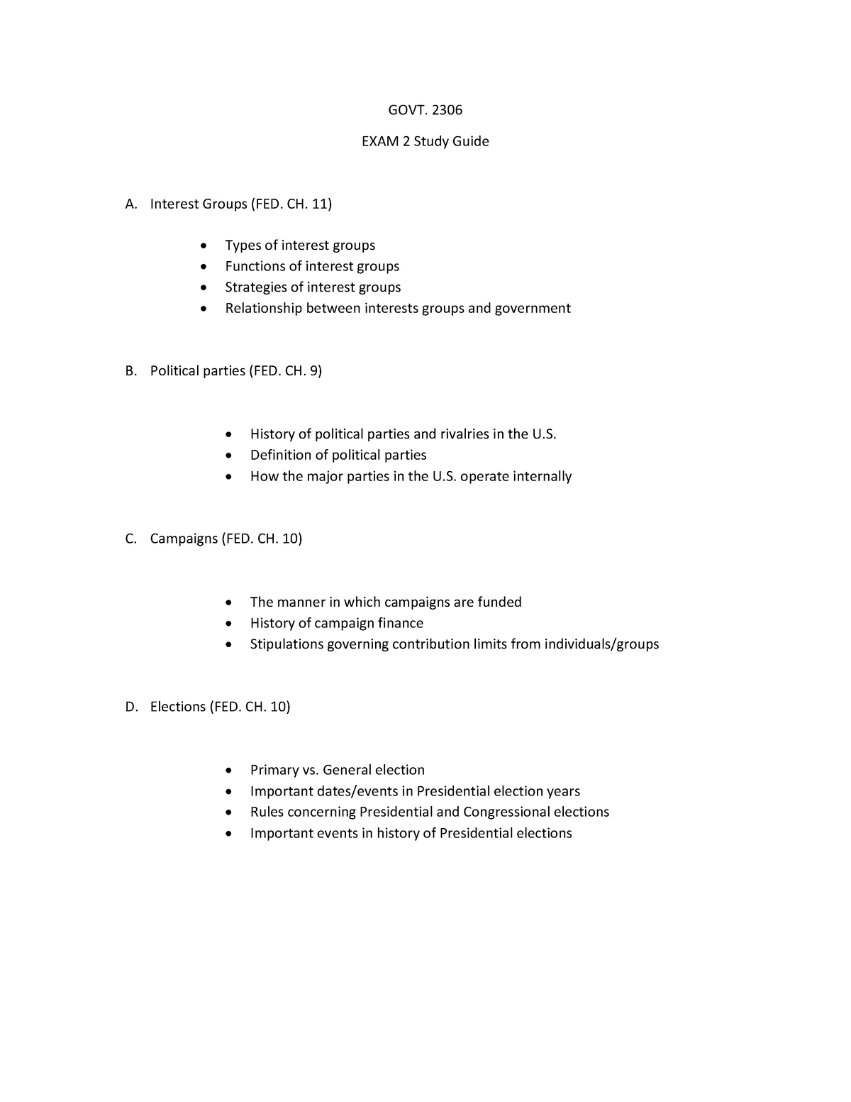 2306 Exam 2 Study Guide - GOVT. 2306 EXAM 2 Study Guide A. Interest ...