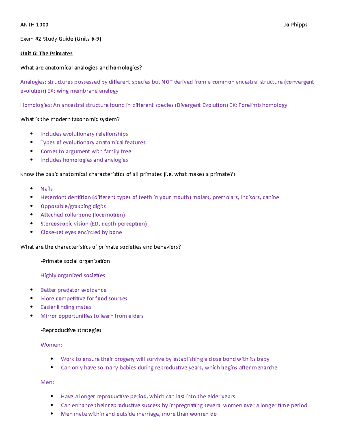 ANTH 1000 Study Guide Units 6-9 - ANTH 1000 Jo Phipps Exam #2 Study ...
