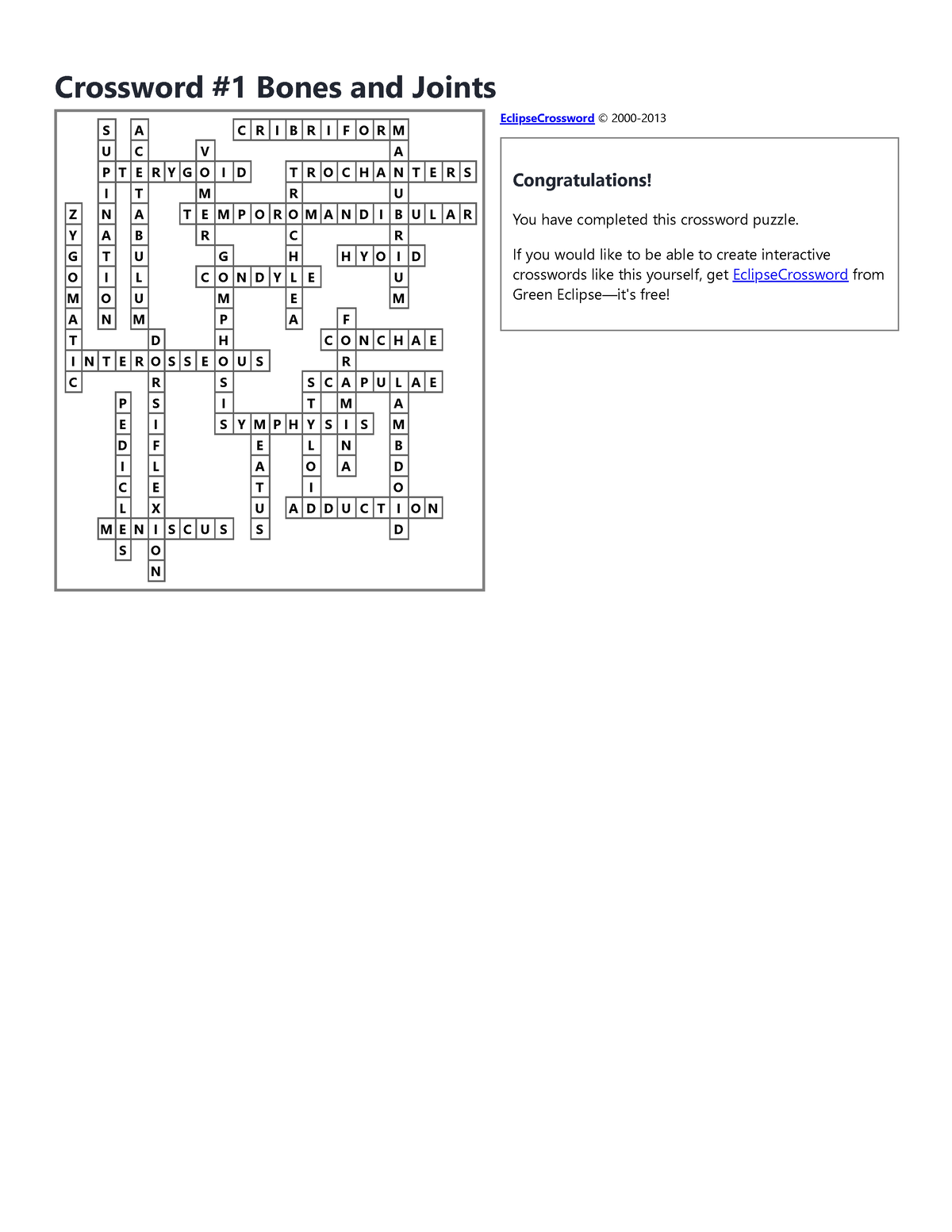 Crossword Bones and Joints Crossword 1 Bones and Joints S A C R I B