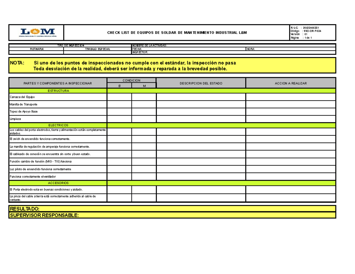 Check list maquina de soldarxlsx - CHECK LIST DE EQUIPOS DE SOLDAR DE ...