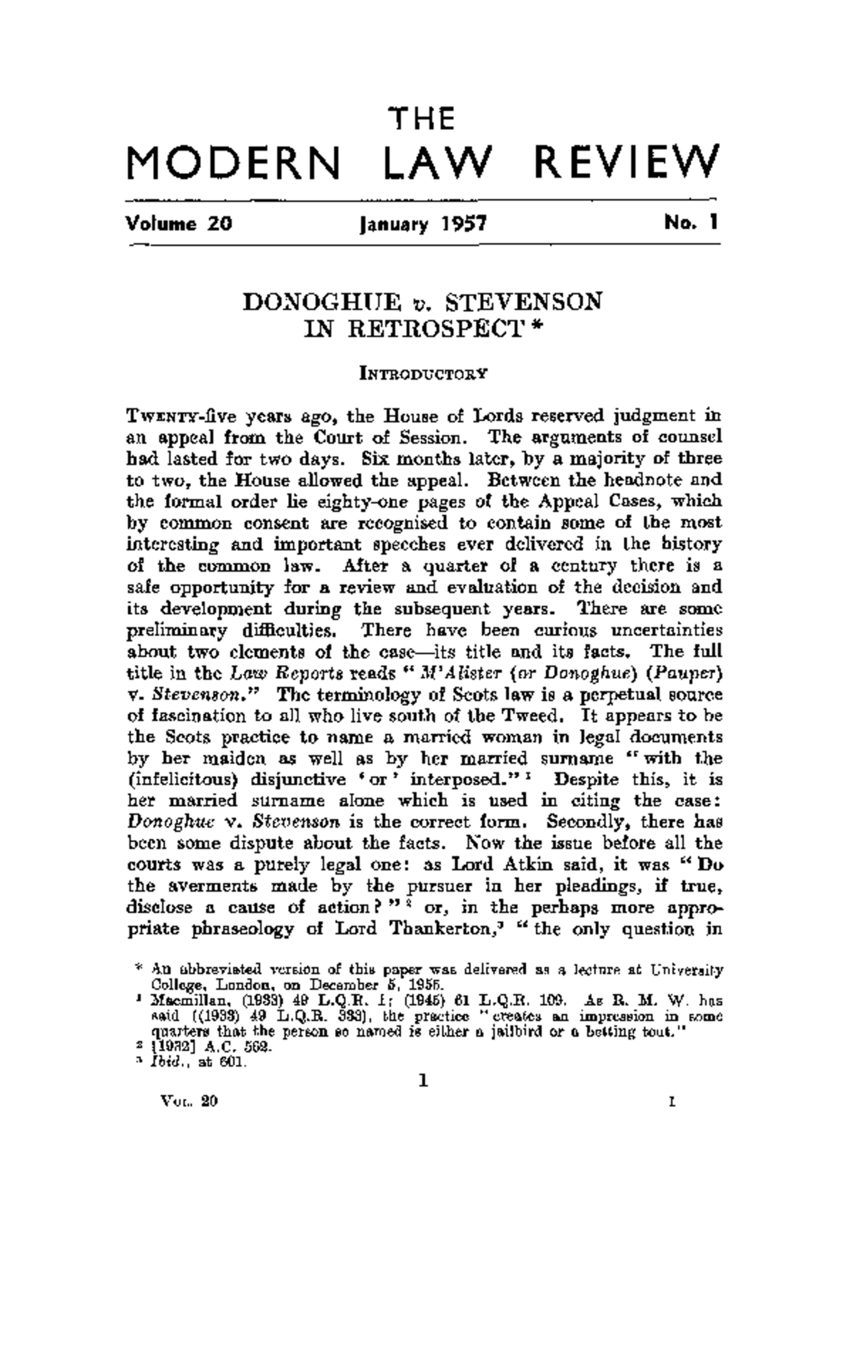 Modern Law Review January 1957 Heuston M A Donoghue v Stevenson