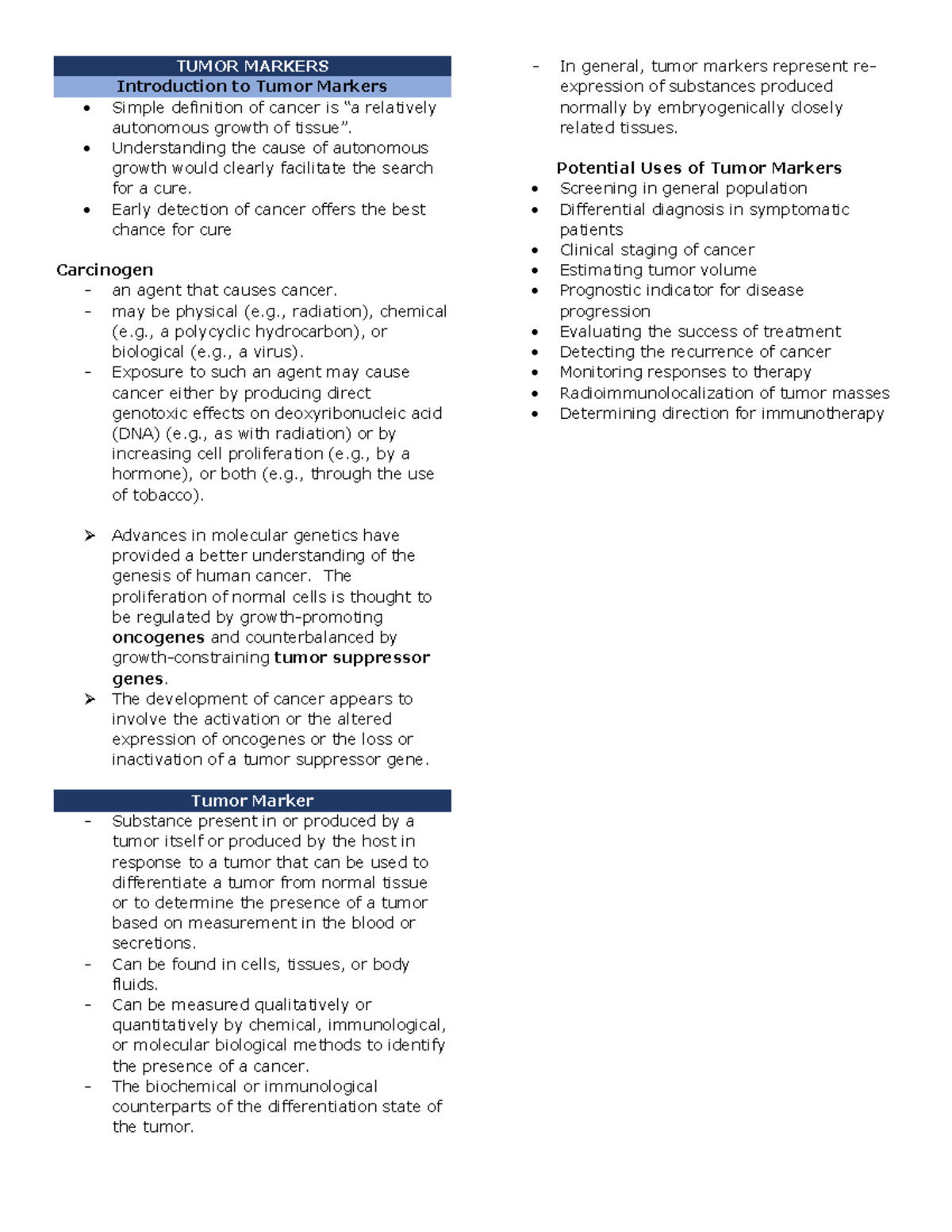 Tumor Markers CLINICAL CHEMISTRY TUMOR MARKERS Introduction to
