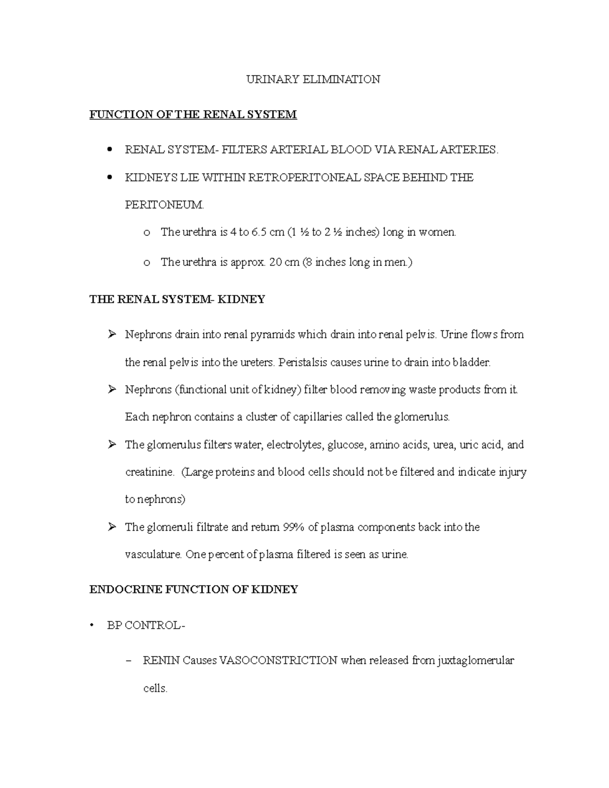 Urinary notes - URINARY ELIMINATION FUNCTION OF THE RENAL SYSTEM RENAL ...