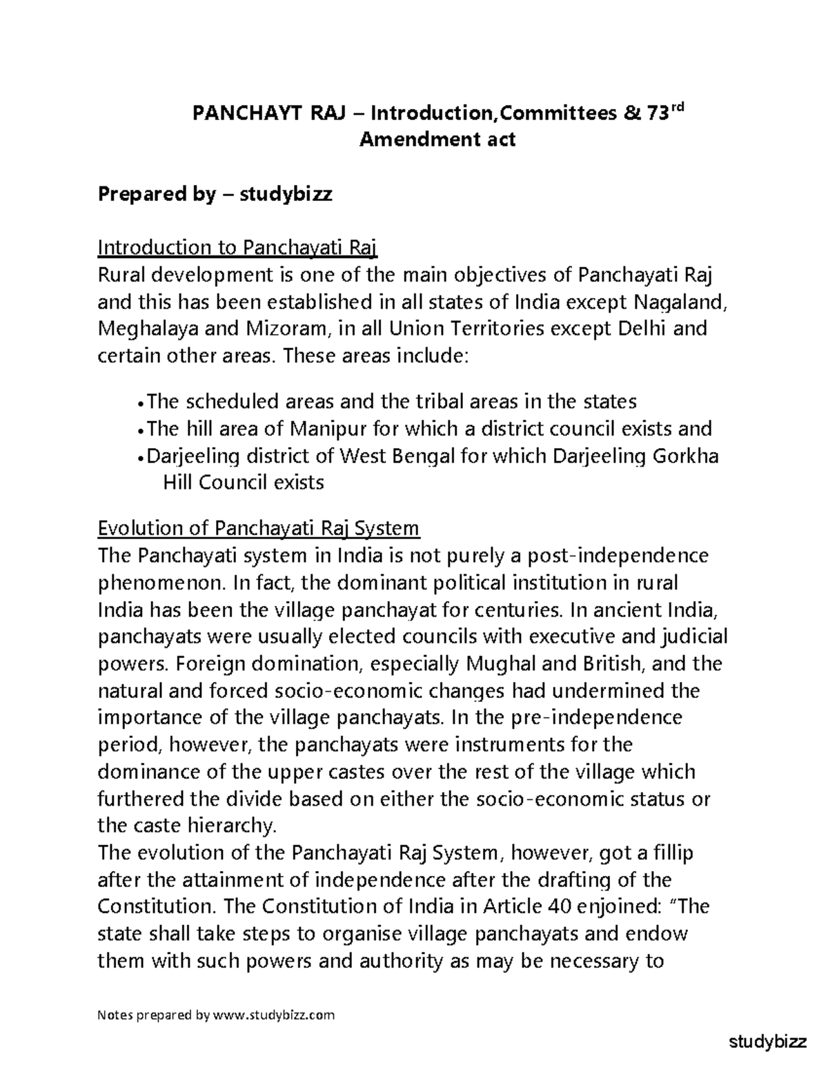 Panchayat Raj Introduction committees 73rd Amenments - Notes prepared ...