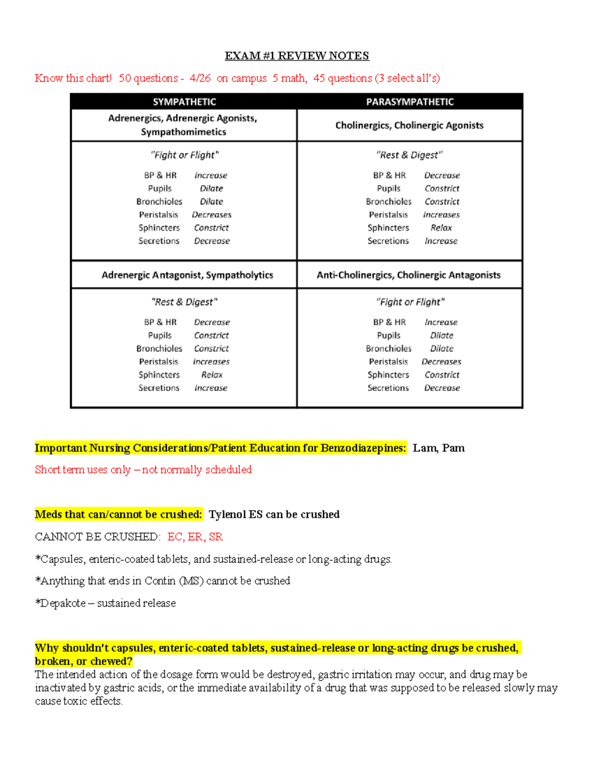 Pharm 1Notes - EXAM #1 REVIEW NOTES Know this chart! 50 questions - 4/ ...