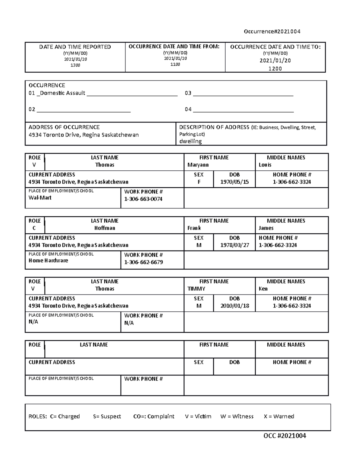 Blank Police Occurrence Report Assinment 4 - Occurrence# DATE AND TIME ...
