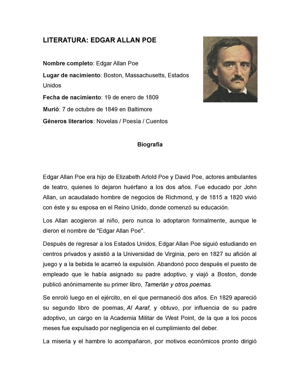 agujero Secretario Ser Edgar-Allan-Poe - Edgar Allan Poe - Biografia - Literatura Universal -  LITERATURA: EDGAR ALLAN POE - Studocu