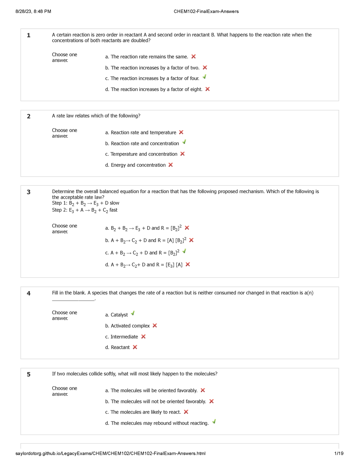 Chem102-final Exam-answers - General Chemistry - 1 Choose One Answer. A 