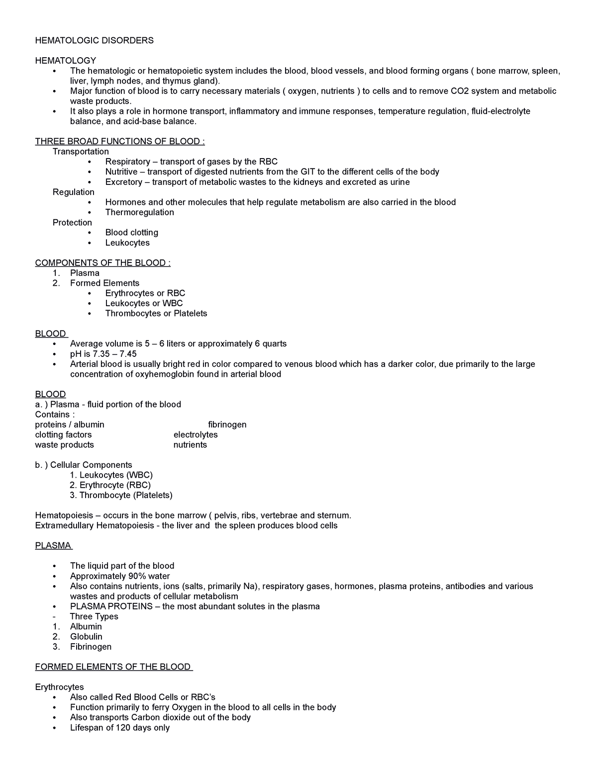 Hematologic Disorders Notes - HEMATOLOGIC DISORDERS HEMATOLOGY The ...