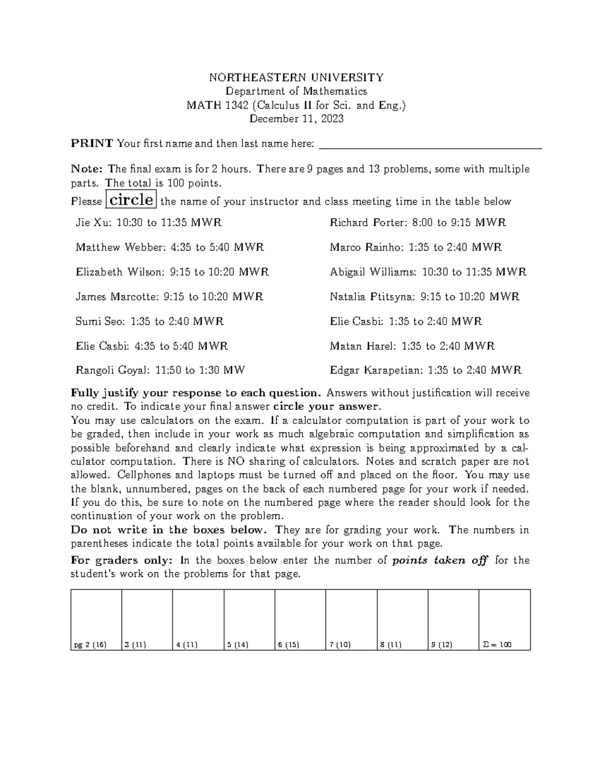 1342 final exam fall 2023 2 northeastern university department of