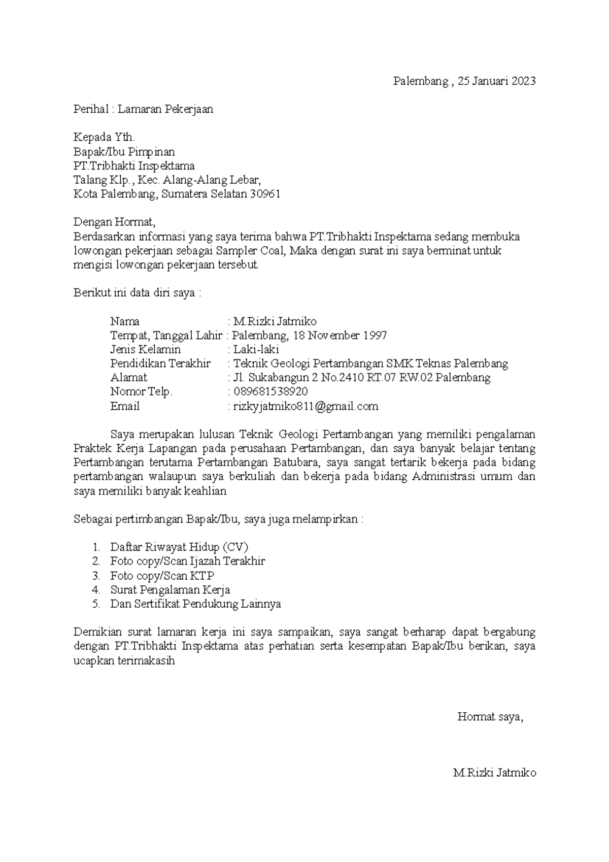 Surat Lamaran MRJ - wwwwwwww - Palembang , 25 Januari 2023 Perihal