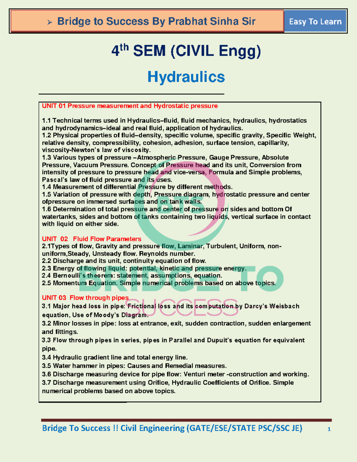 4th sem syllabus (civil engg) 4 th SEM (CIVIL Engg) Hydraulics UNIT