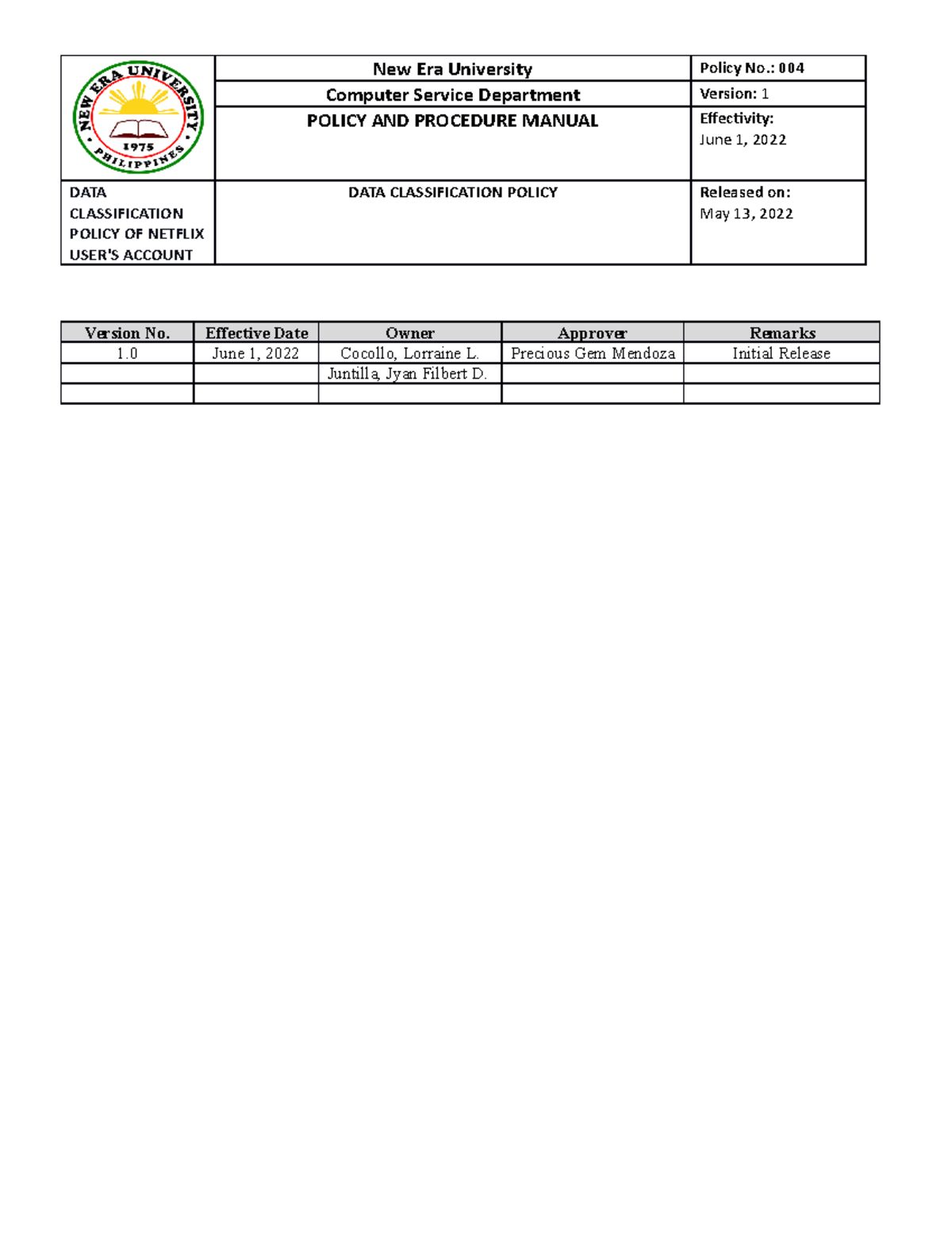 Data classification policy Group 7 - Computer Service Department ...