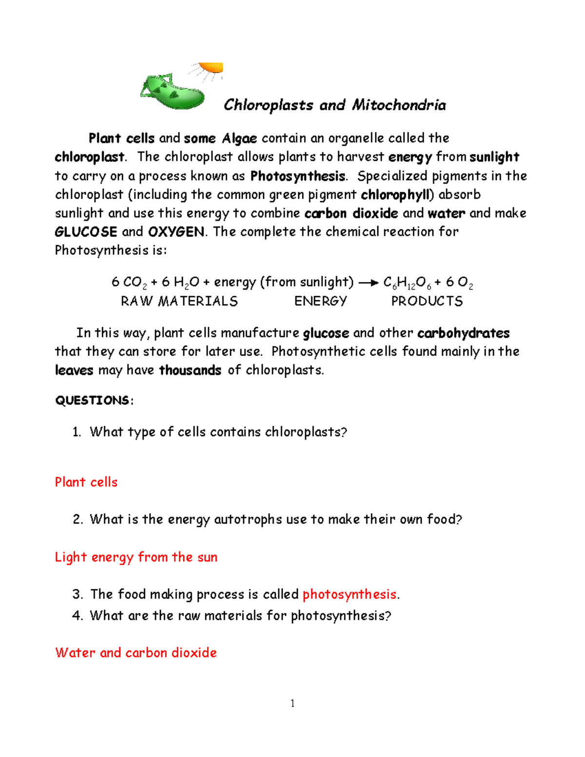 Chloroplasts and Mitochondria Coloring.docx - Chloroplasts and Mitochondria  Plant cells and some - Studocu