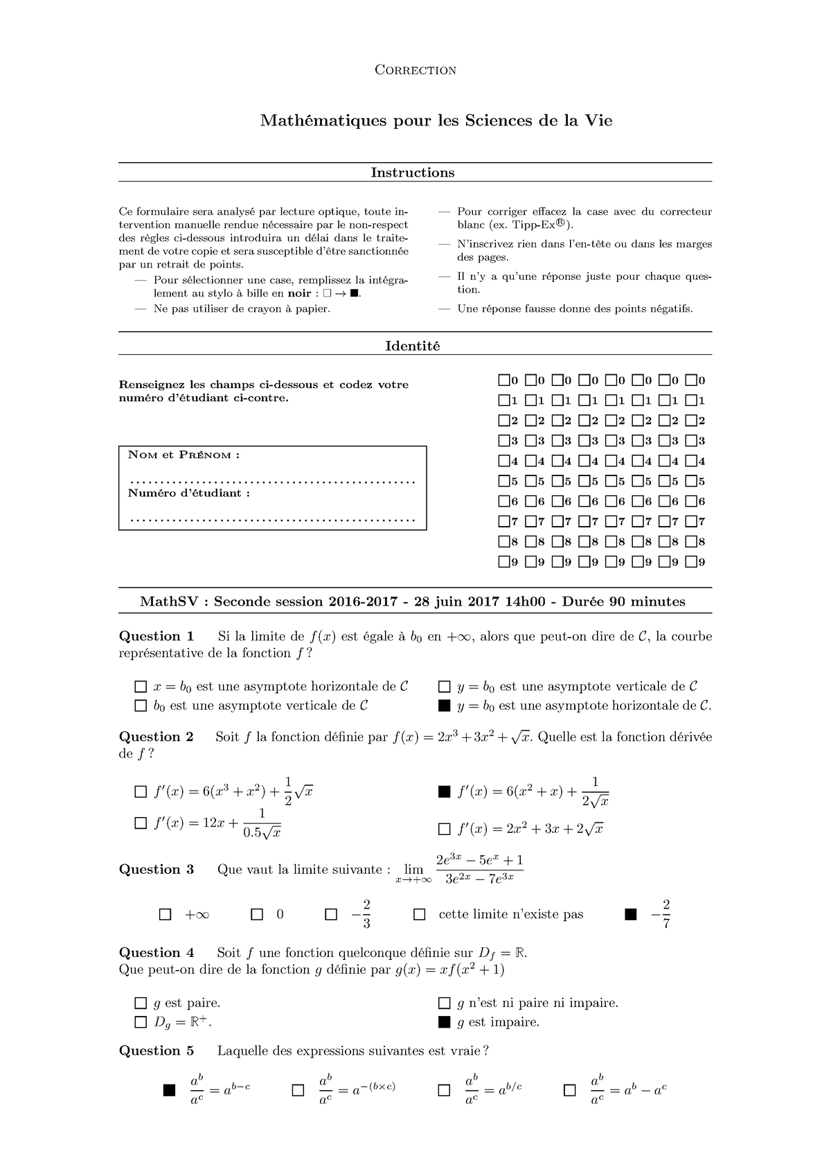 Autpri 2016 2017 Ss Annale Mathématiques Pour Les Sciences De La Vie Instructions Ce 0105