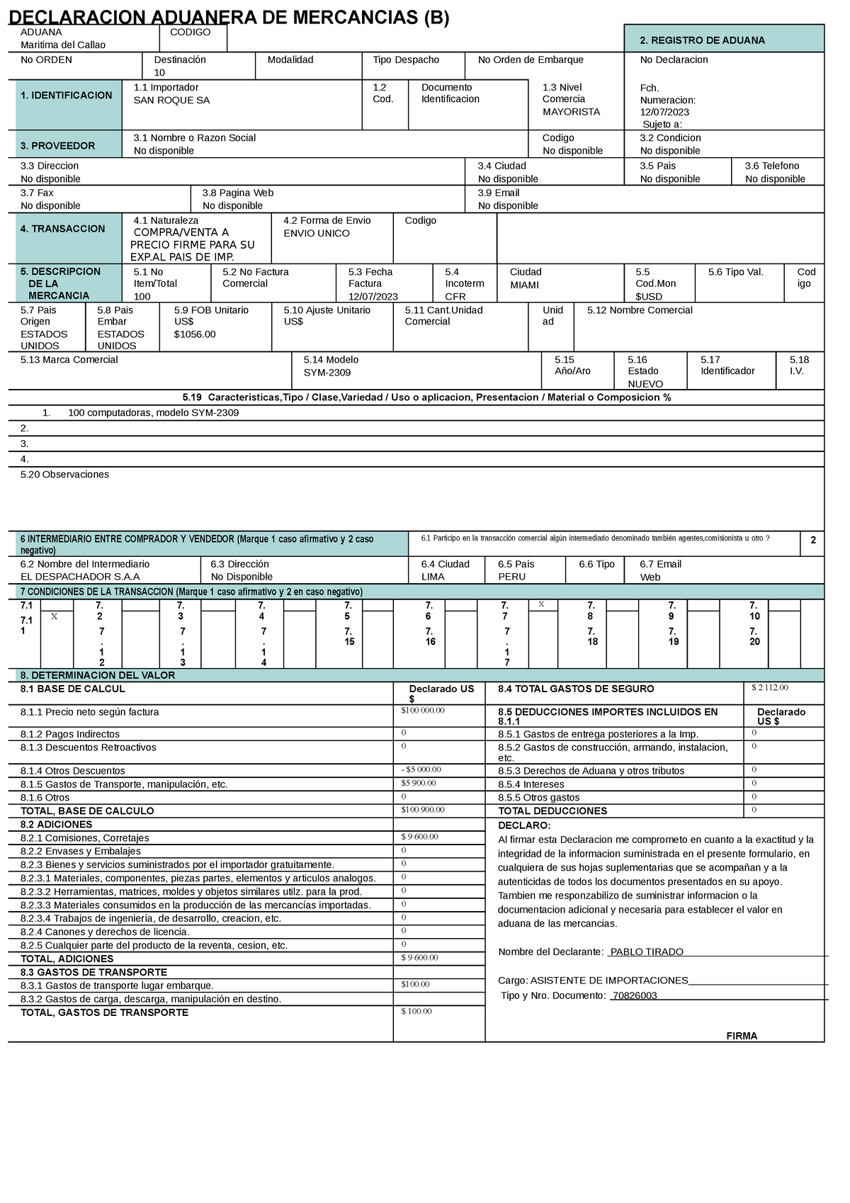 Formato B Declaracion Aduanera DE Mercancias - DECLARACION ADUANERA DE ...