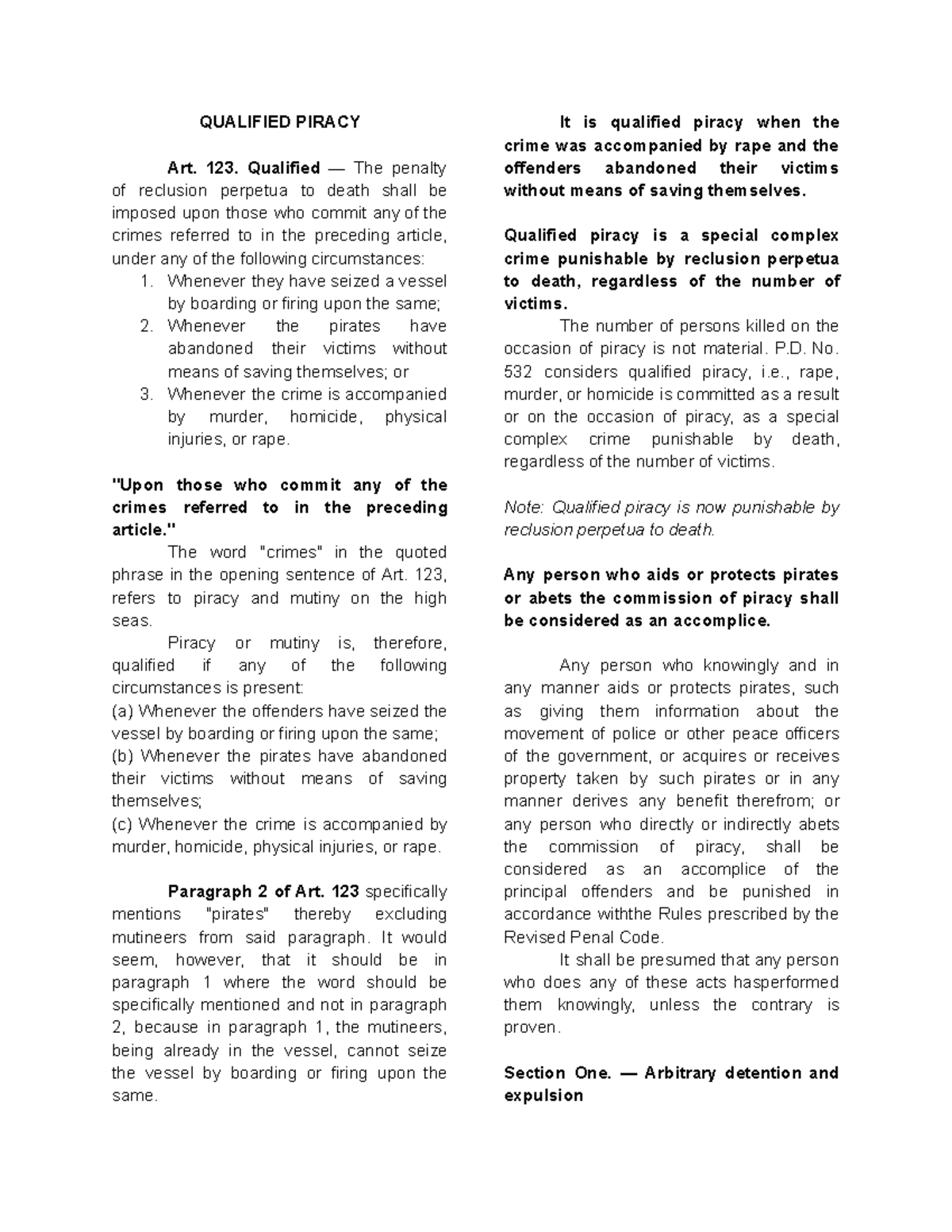 RPC 123-128 - QUALIFIED PIRACY Art. 123. Qualified — The penalty of ...