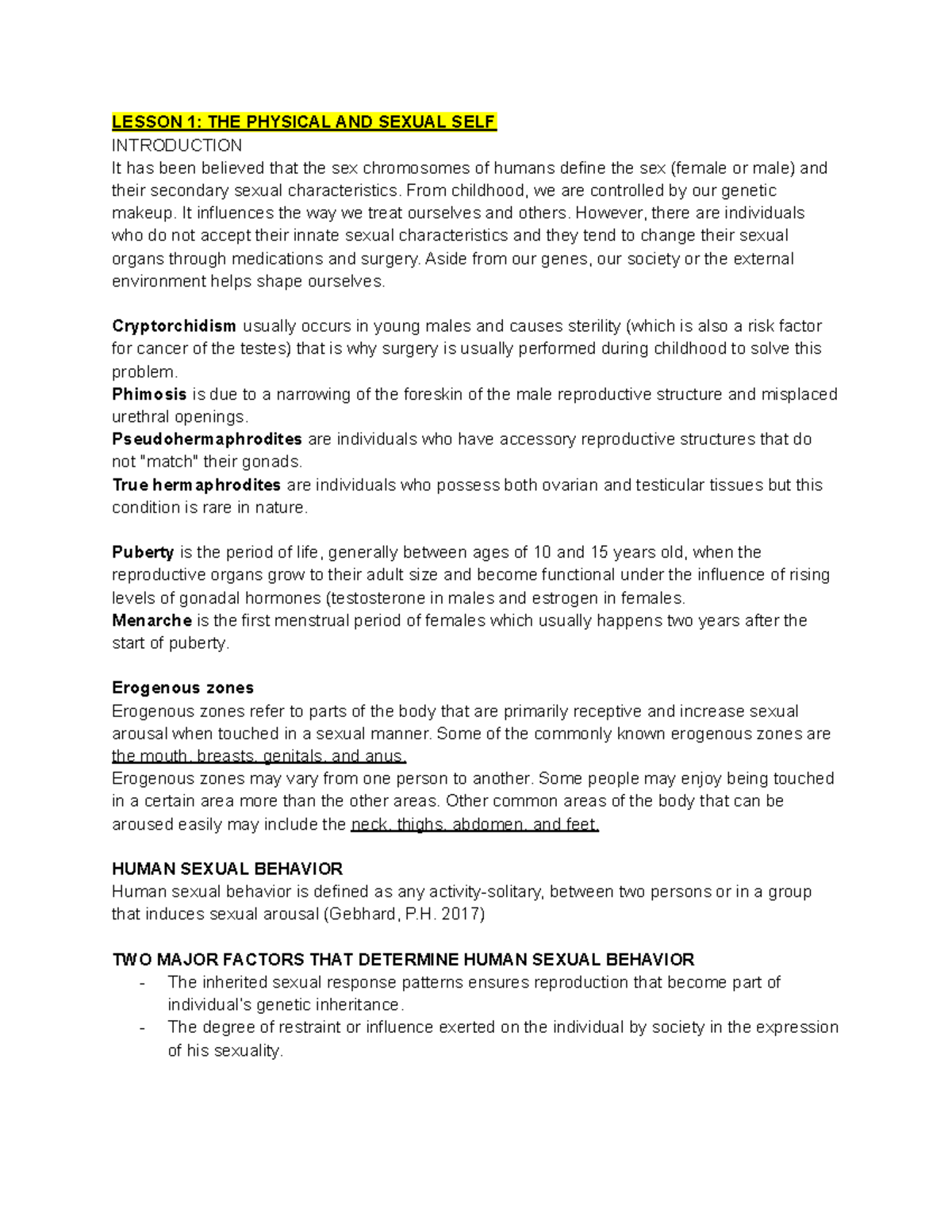 Socsci Midterms - LESSON 1: THE PHYSICAL AND SEXUAL SELF INTRODUCTION ...
