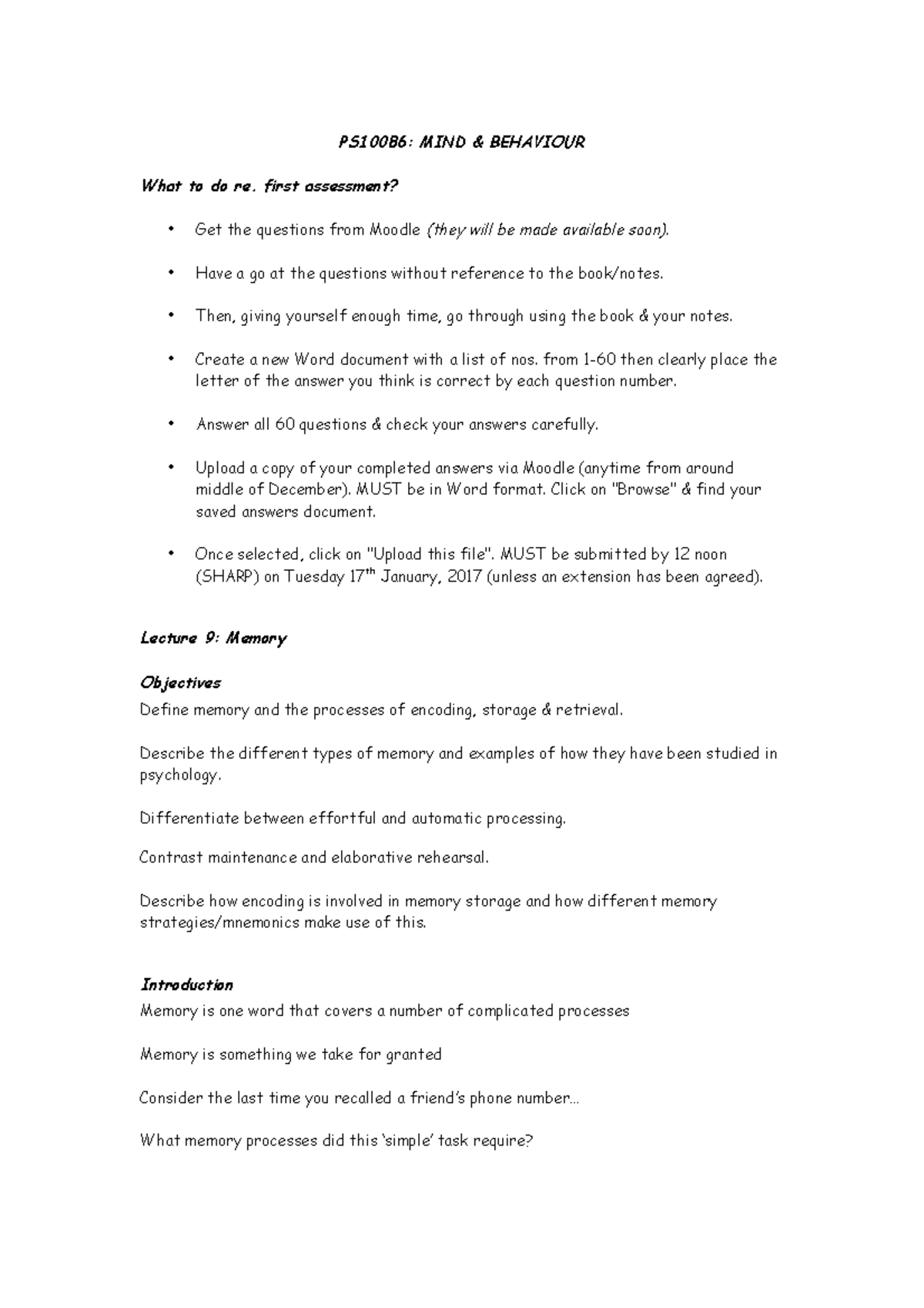 Lecture 9 Memory 1 Handout - PS10086: MIND & BEHAVIOUR What to do re ...