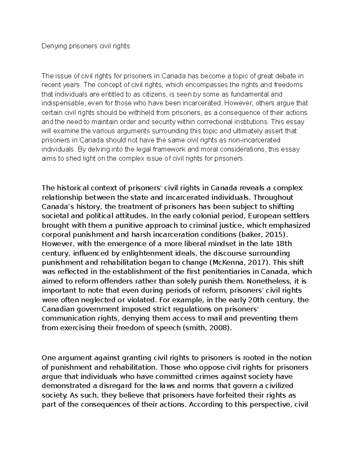 Denying prisoners civil rights - The concept of civil rights, which ...