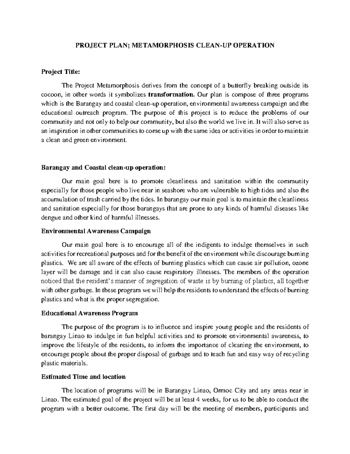 Project-PLAN - HARDCOPY - PROJECT PLAN; METAMORPHOSIS CLEAN-UP ...