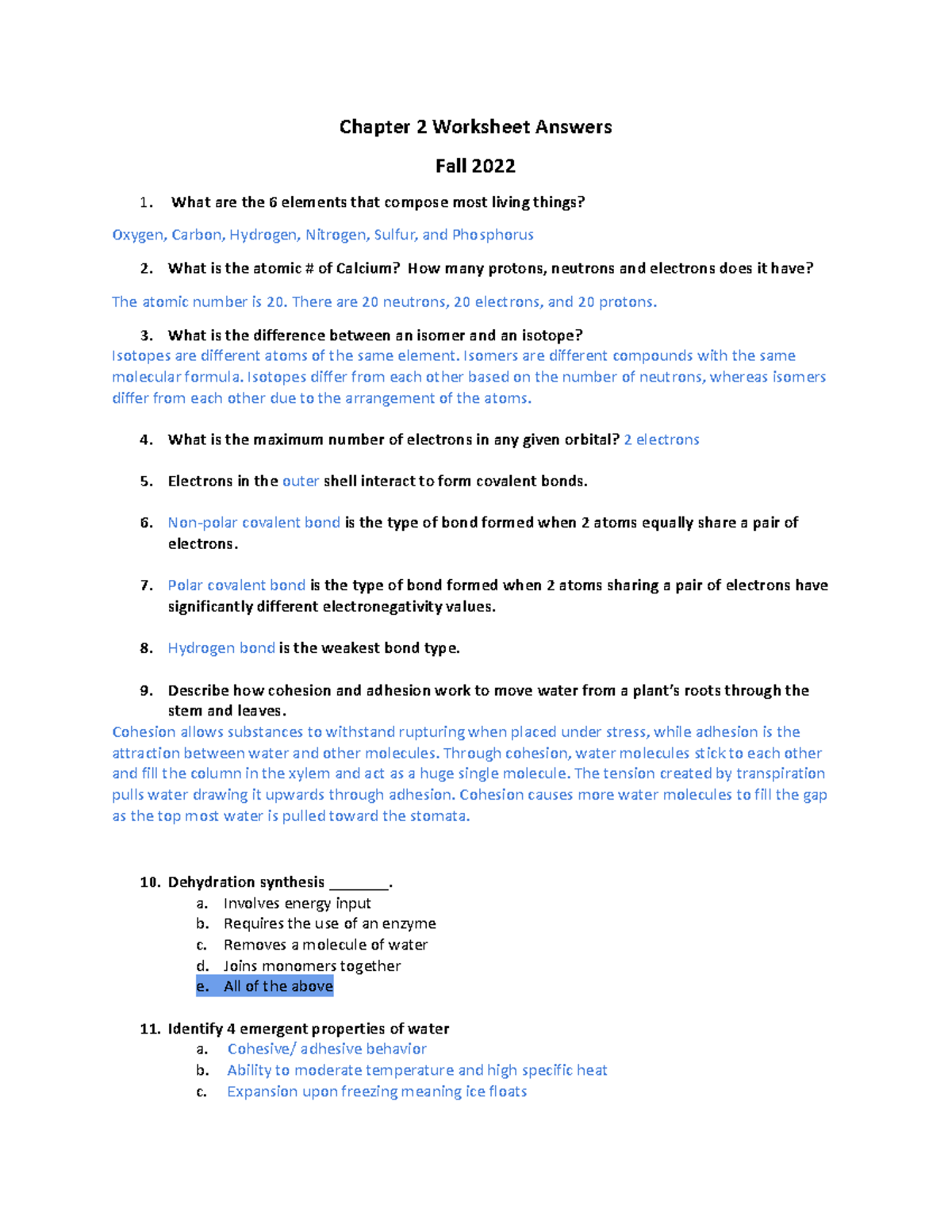 Chapter 2 Worksheet Answers Chapter 2 Worksheet Answers Fall 2022
