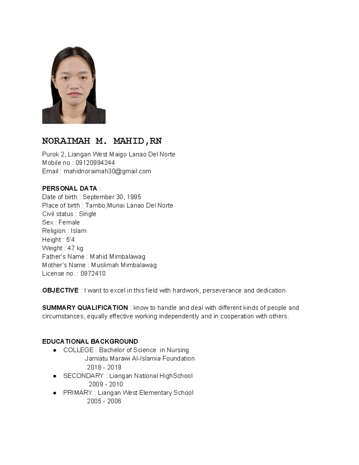 Resume- Updated - NORAIMAH M. MAHID,RN Purok 2, Liangan West Maigo ...