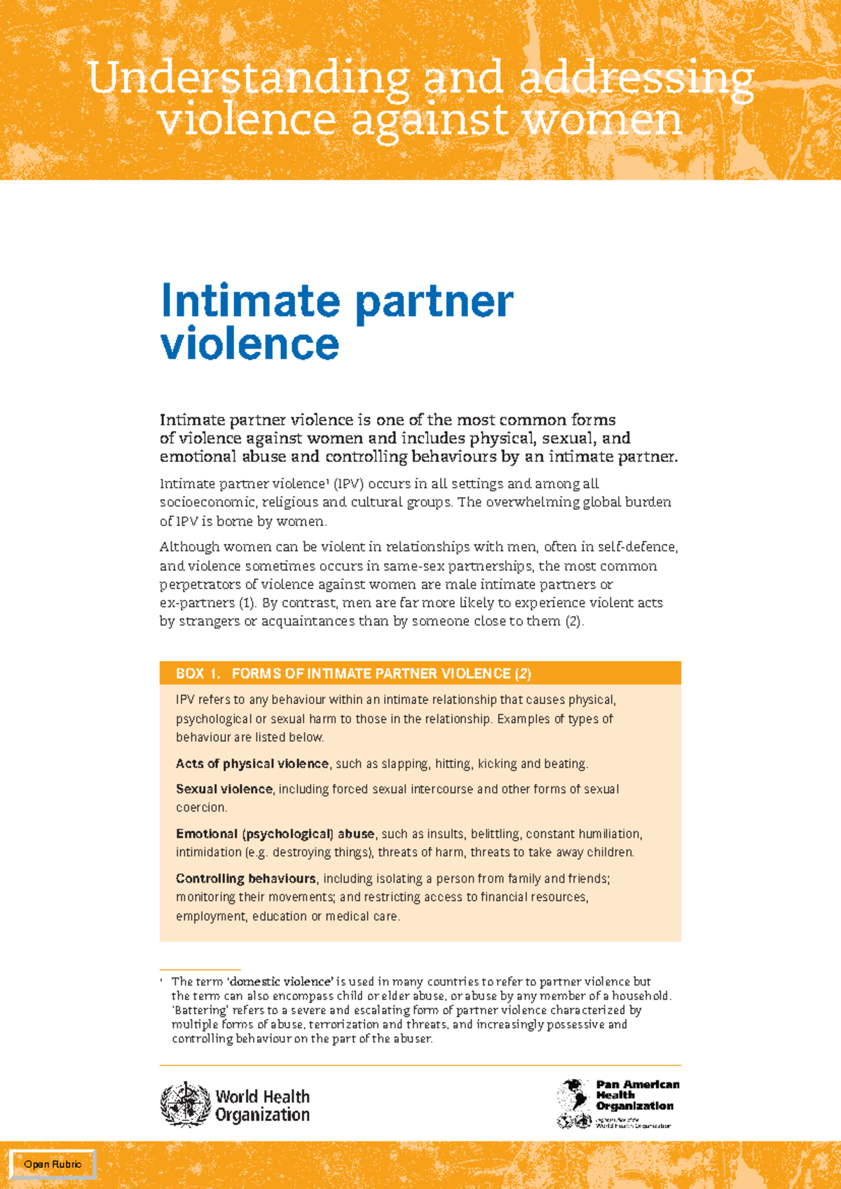 Intimate Partner Violence WHO - Understanding and addressing violence ...