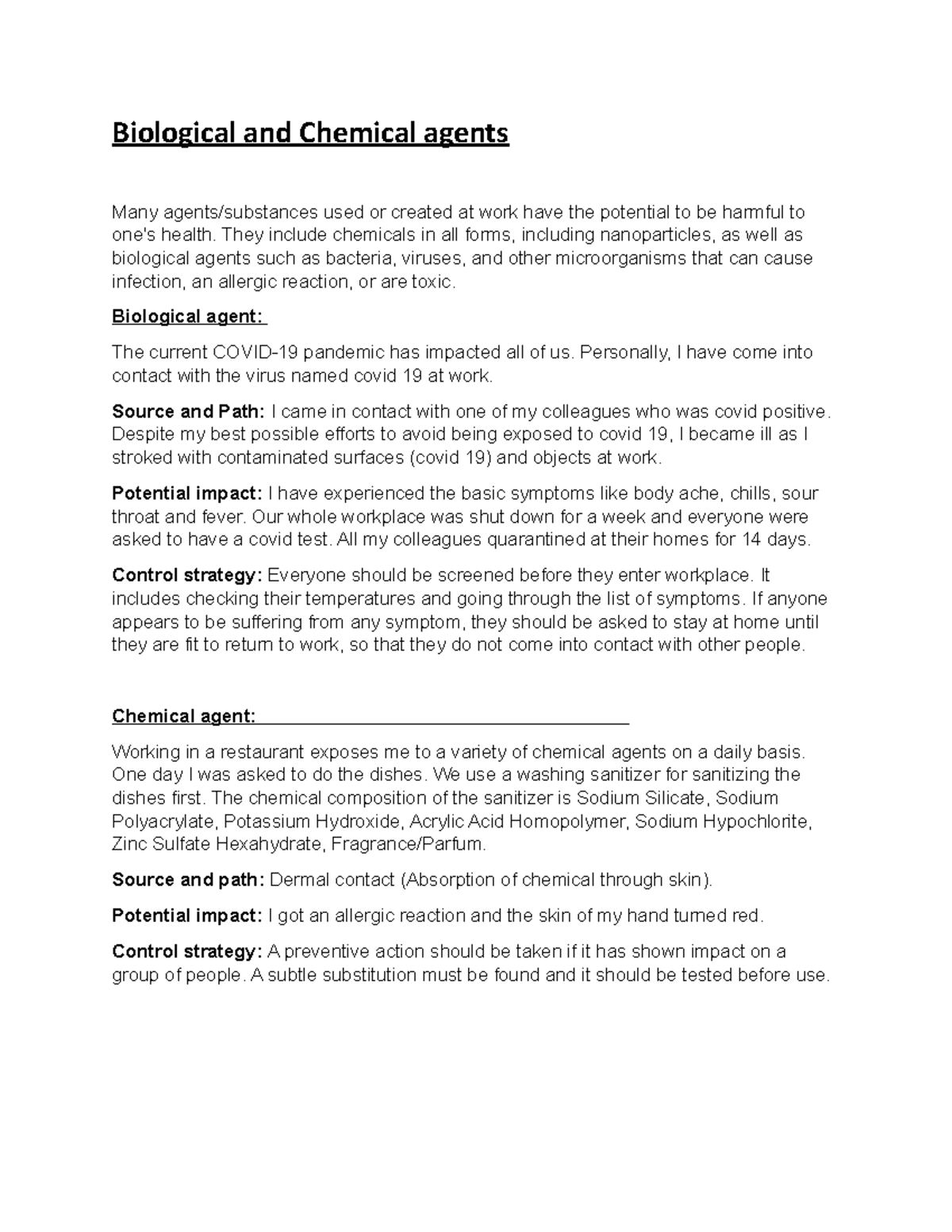 Assignment 1 OHS and assignment 2 Biological and Chemical agents Many
