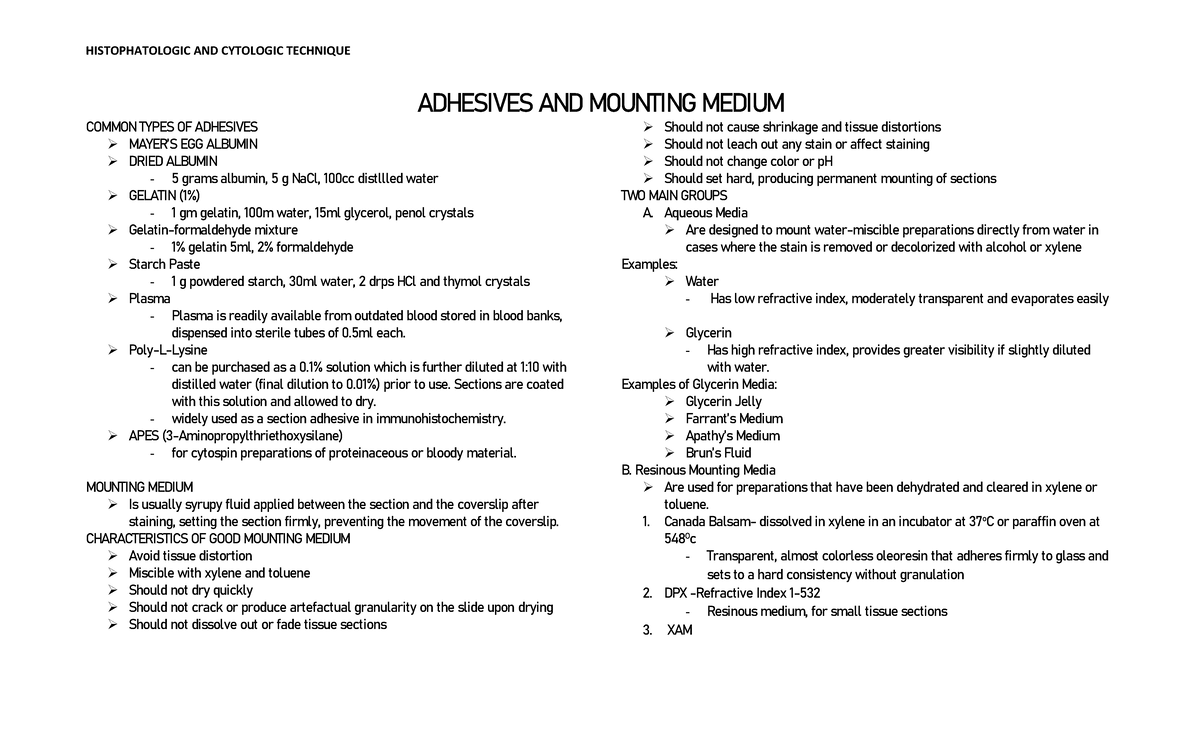 Adhesives AND Mounting Medium Histophatologic AND Cytologic Technique HISTOPHATOLOGIC AND
