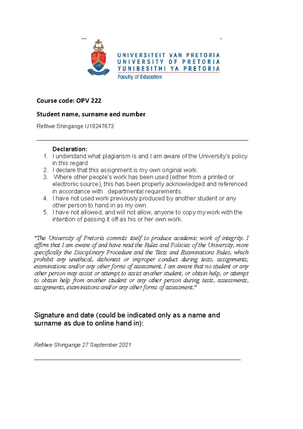 Whitney's Escape Case study Answers - Course code: OPV 222 Student name ...