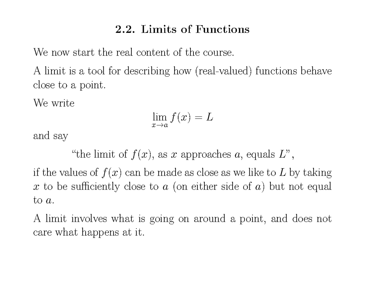 Chapter 2-Limits - limit - Limits of Functions We now start the real ...