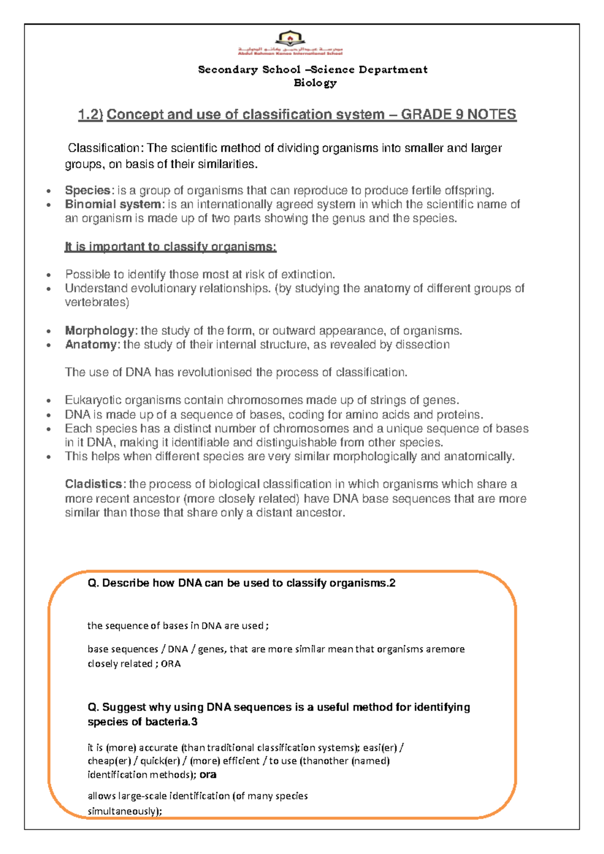 Bio notes lesson 1 - Biology 1) Concept and use of classification ...