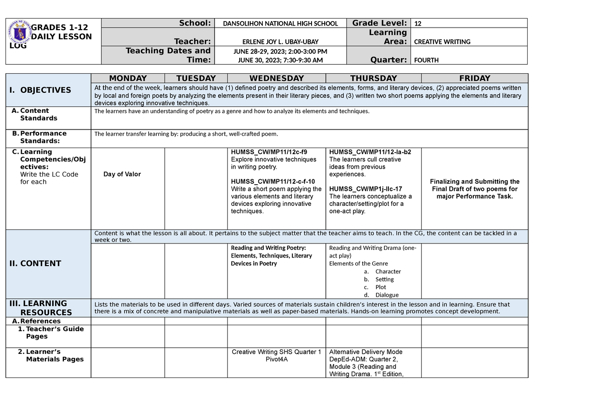 DLL Creative Writing JUNE 27, 2023 - GRADES 1- DAILY LESSON LOG School ...