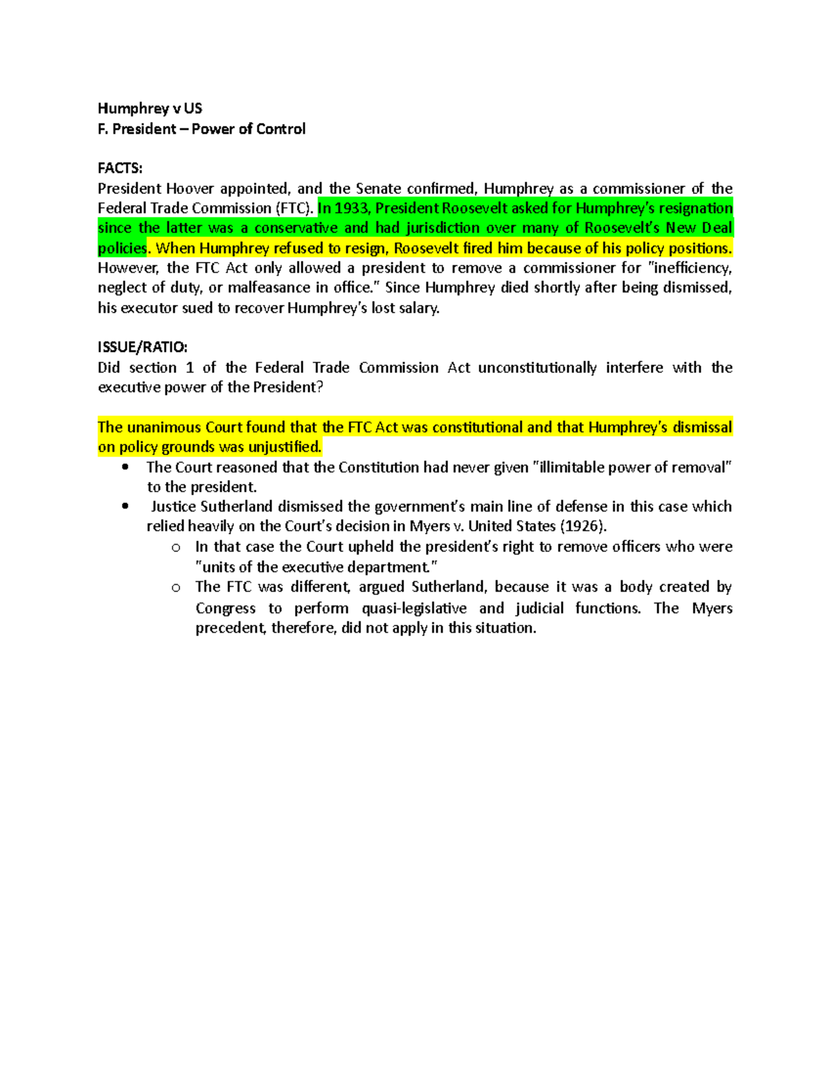 19. Humphrey v US Humphrey v US F. President Power of Control FACTS