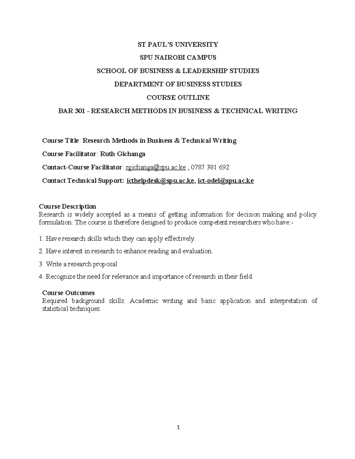 BAR 301 Course Outline Research Methods IN Business 2024 ST PAUL’S