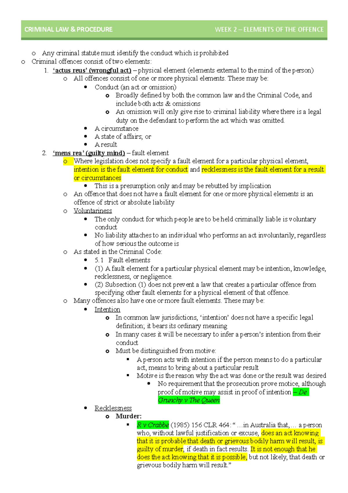 Topic 2 Elements of offences & statutory construction Criminal Law