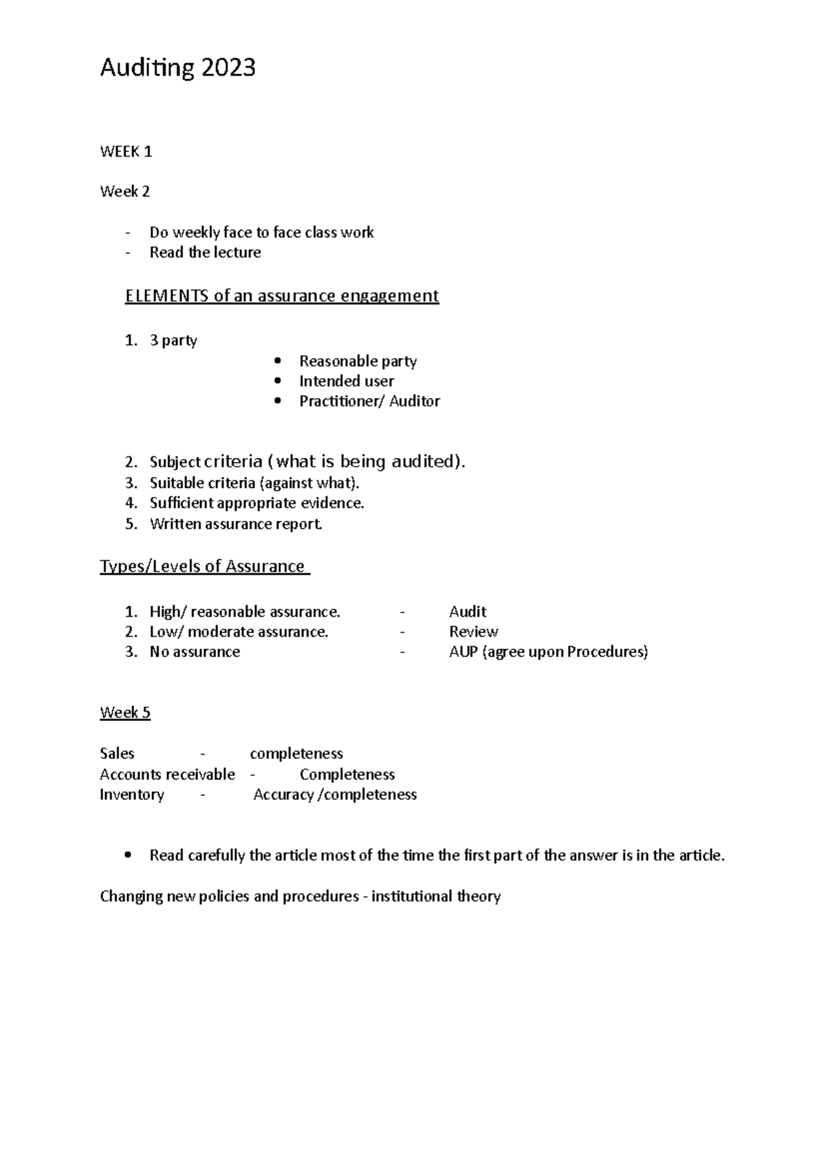 Auditing - LATEST version Assignment - Auditing 2023 WEEK 1 Week 2 Do ...