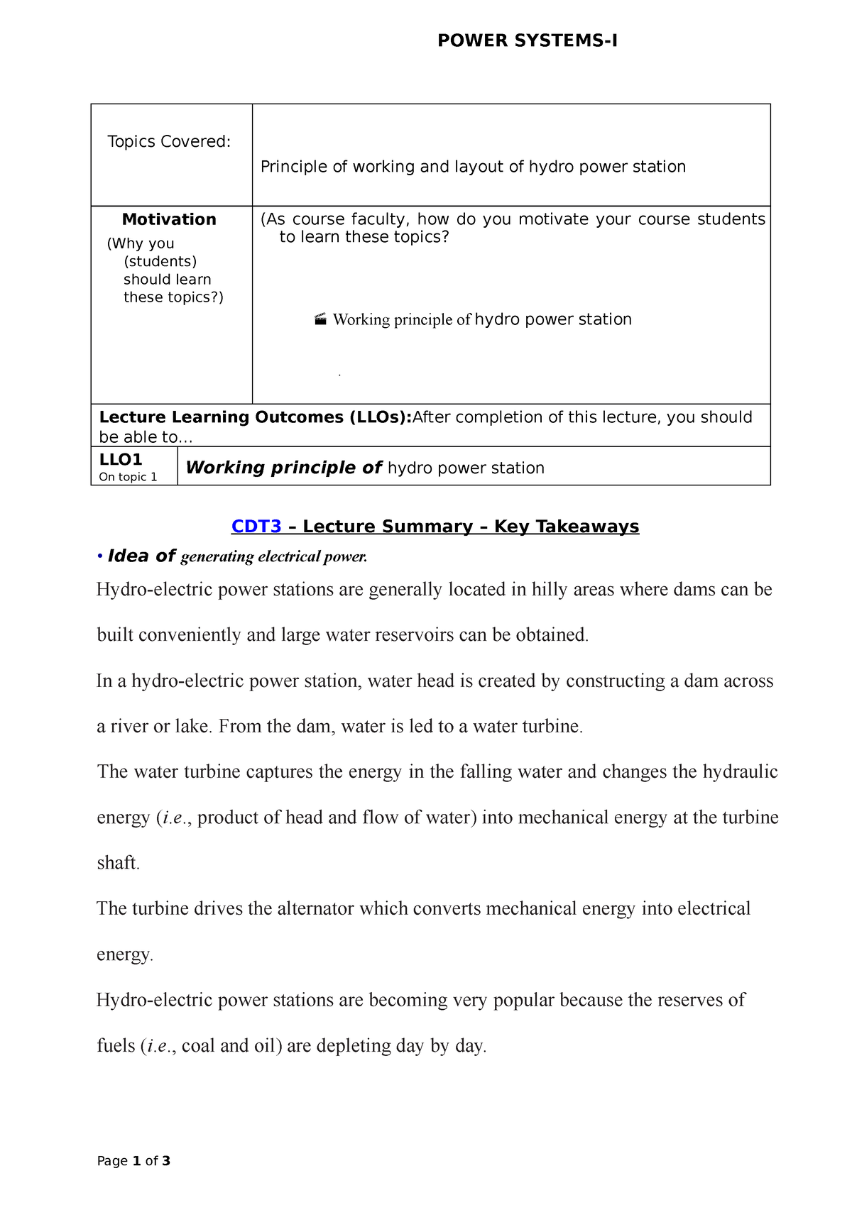 Principle of working and layout of hydro powerstation - POWER SYSTEMS-I ...