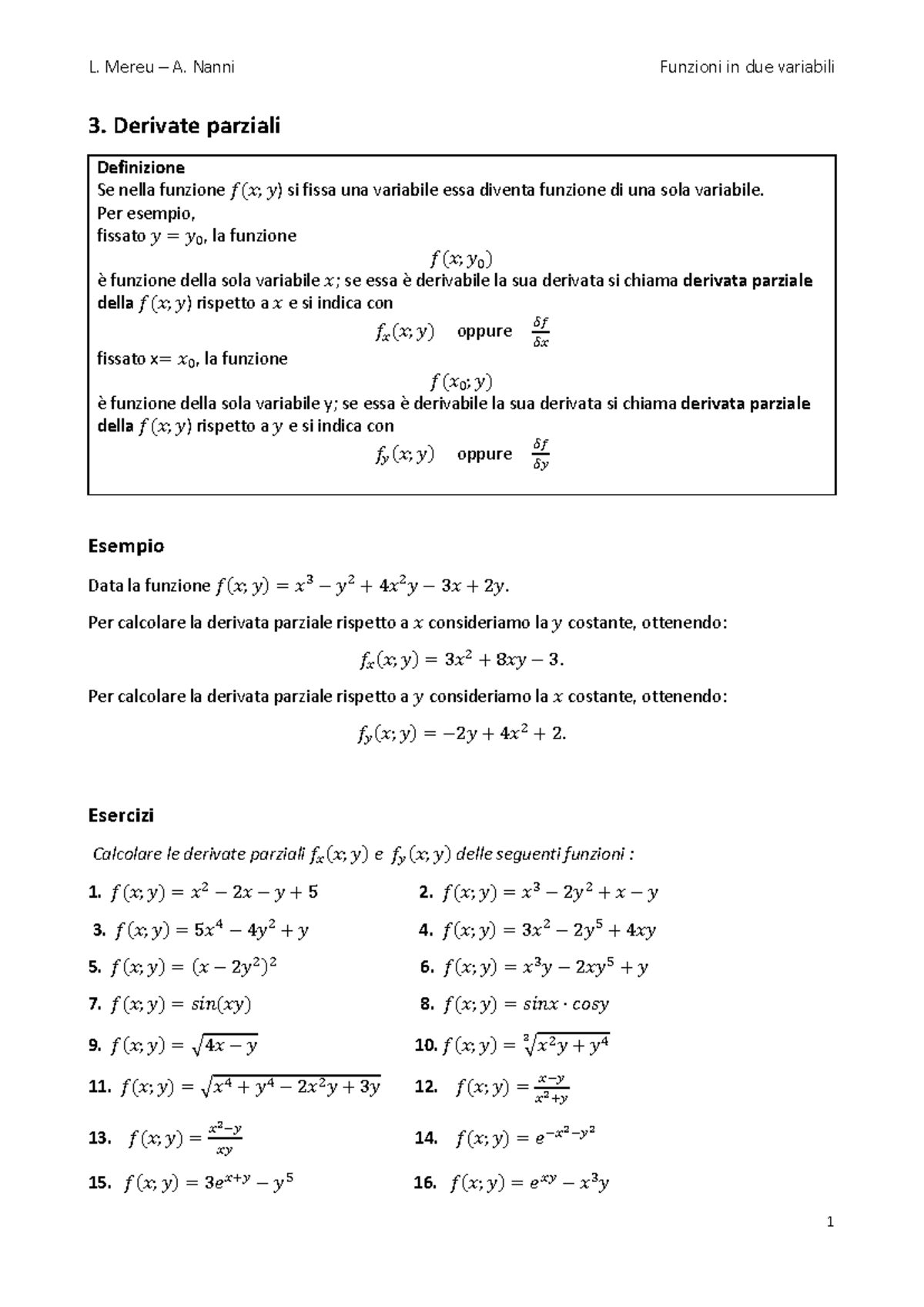 3. Derivate Parziali - L. Mereu – A. Nanni Funzioni in due variabili 1 ...