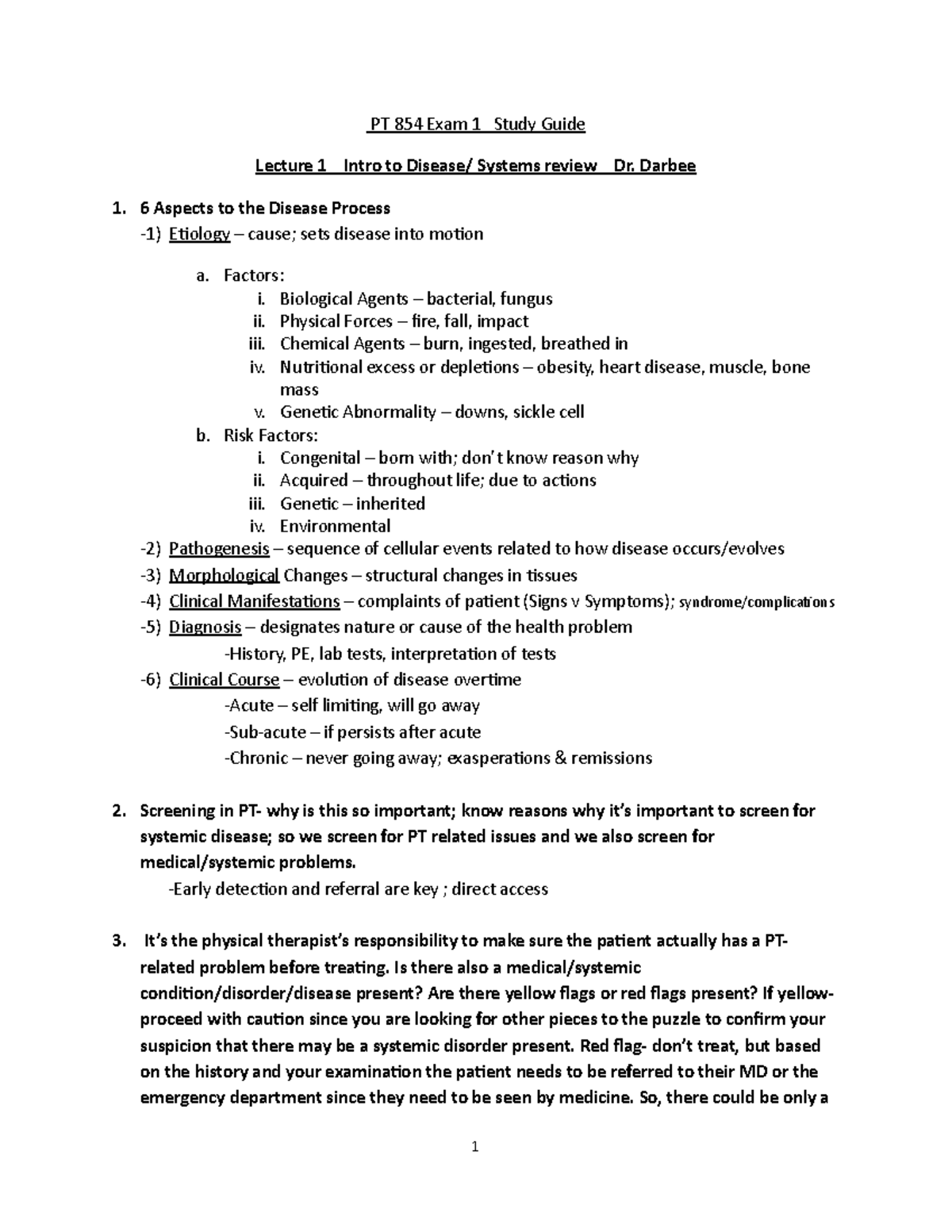 Exam 1 Study Guide PT 854 - PT 854 Exam 1 Study Guide Lecture 1 Intro ...