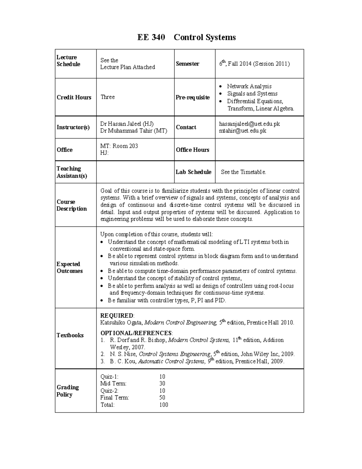 EE340 Control Systems Outline Spring 2014 - EE 340 Control Systems ...
