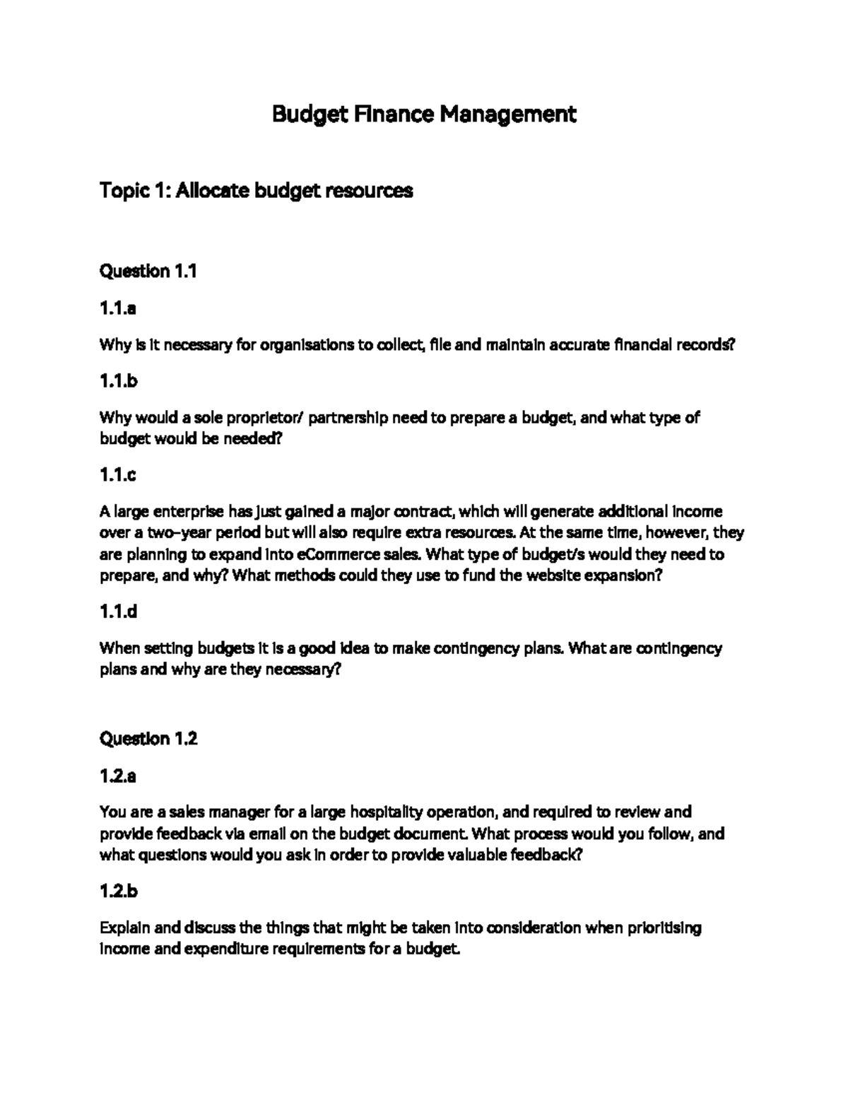 Topics 1-5 Budget Finance Management (Questions) - Budget Finance ...