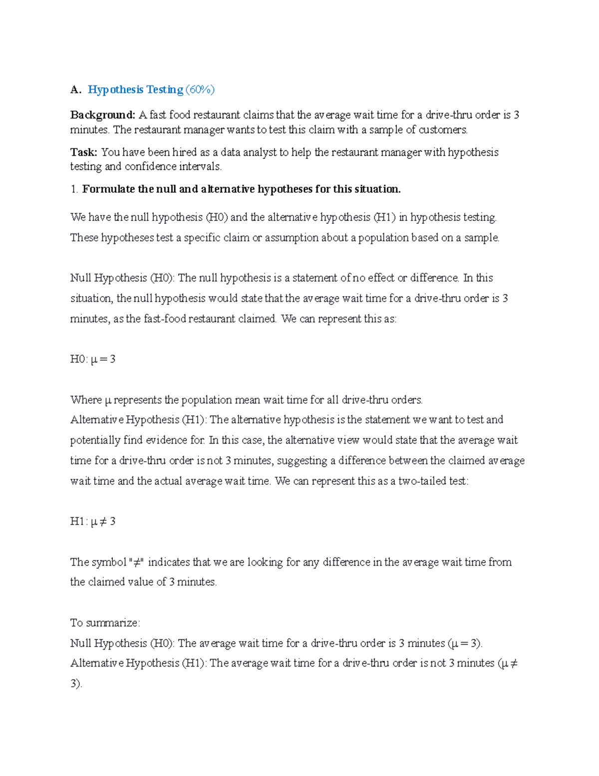 Business Analytics Assignment 1 - A. Hypothesis Testing (60% ...