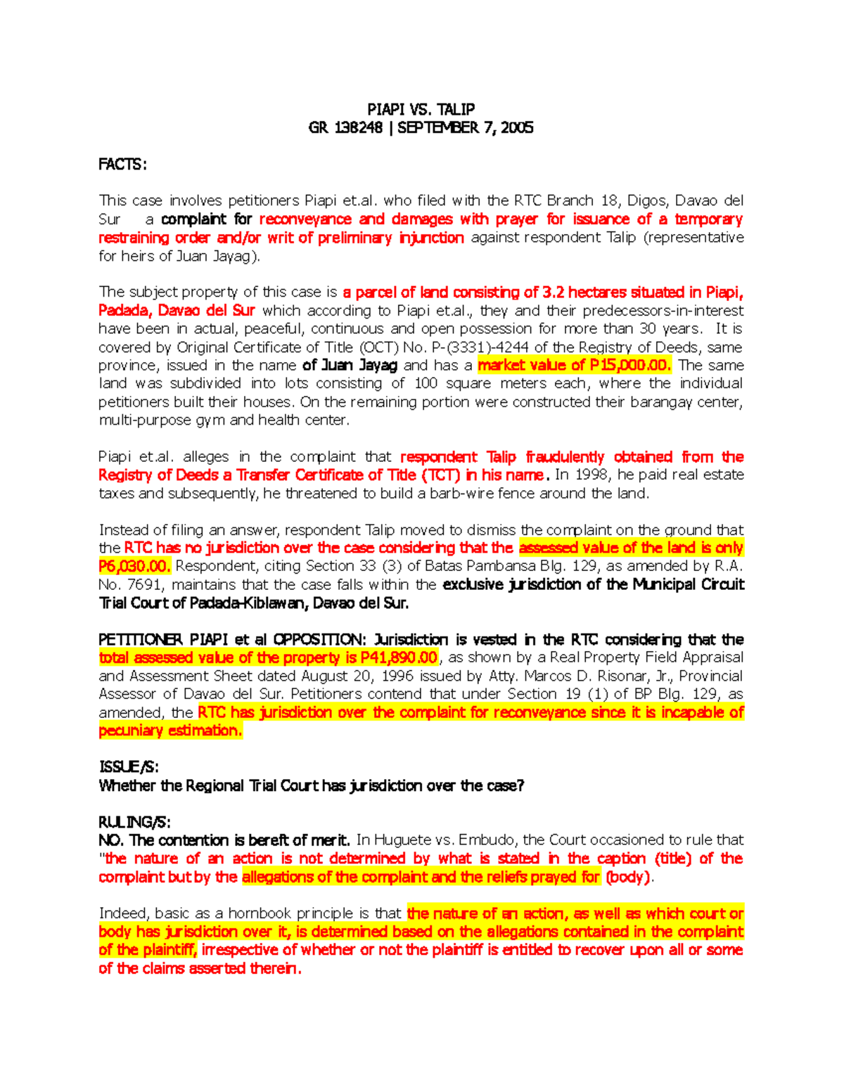 Piapi VS. Talip CASE Digest - PIAPI VS. TALIP GR 138248 | SEPTEMBER 7 ...