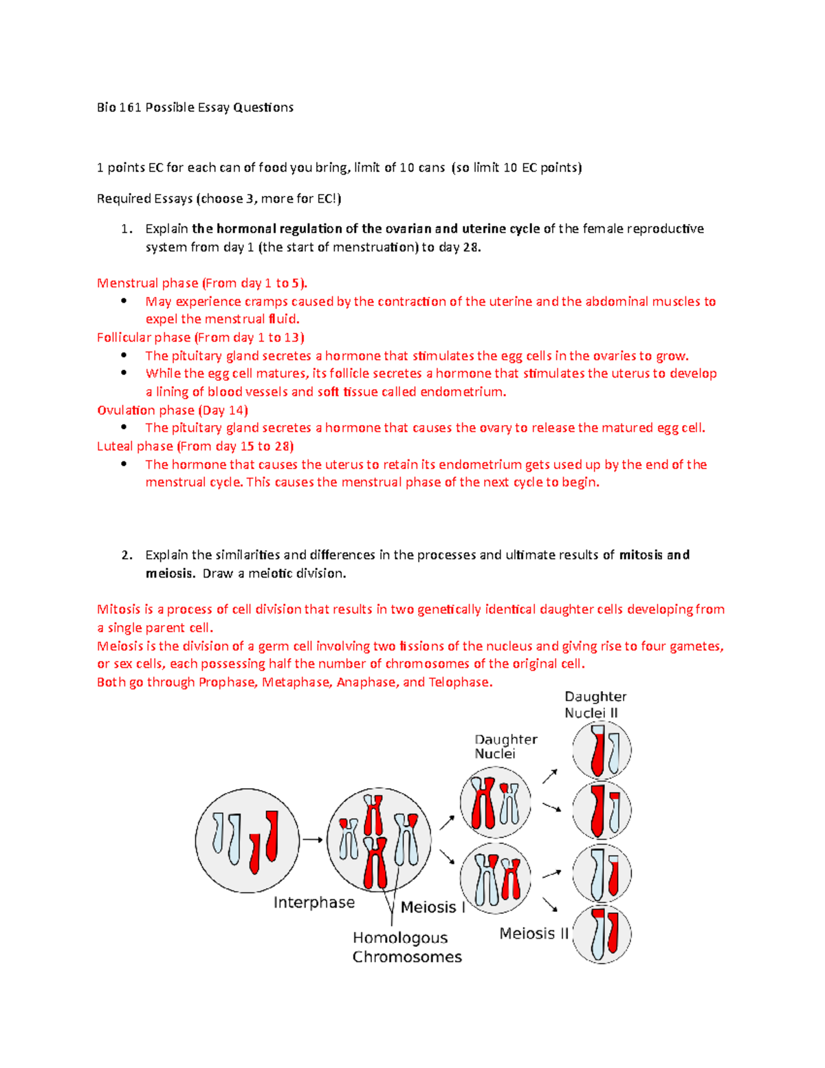 Possible Essay Questions for Exam 4 - Bio 161 Possible Essay Questions ...