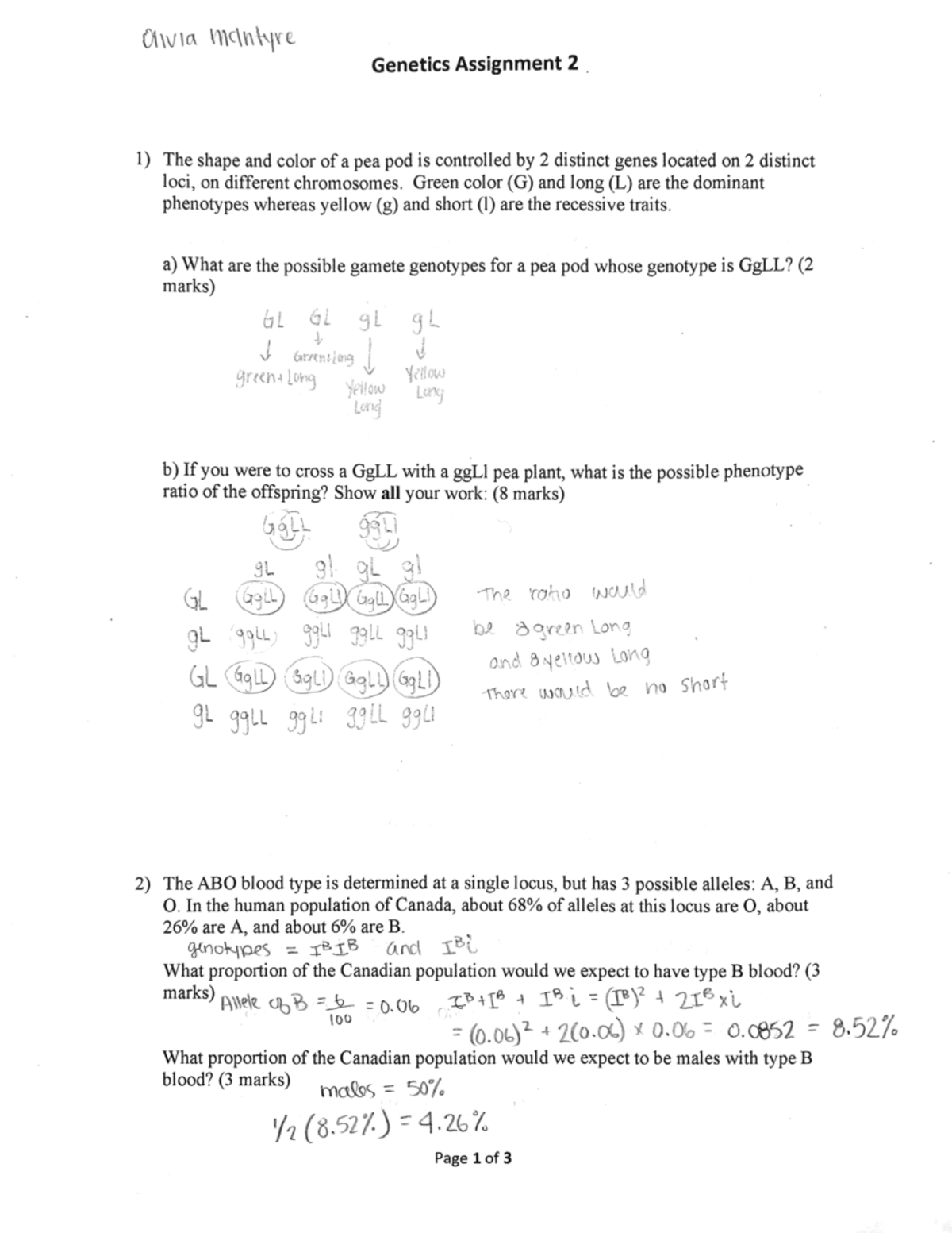 Assignment 7 Genetics - punnett square practice - BIOL 201 - Concordia ...